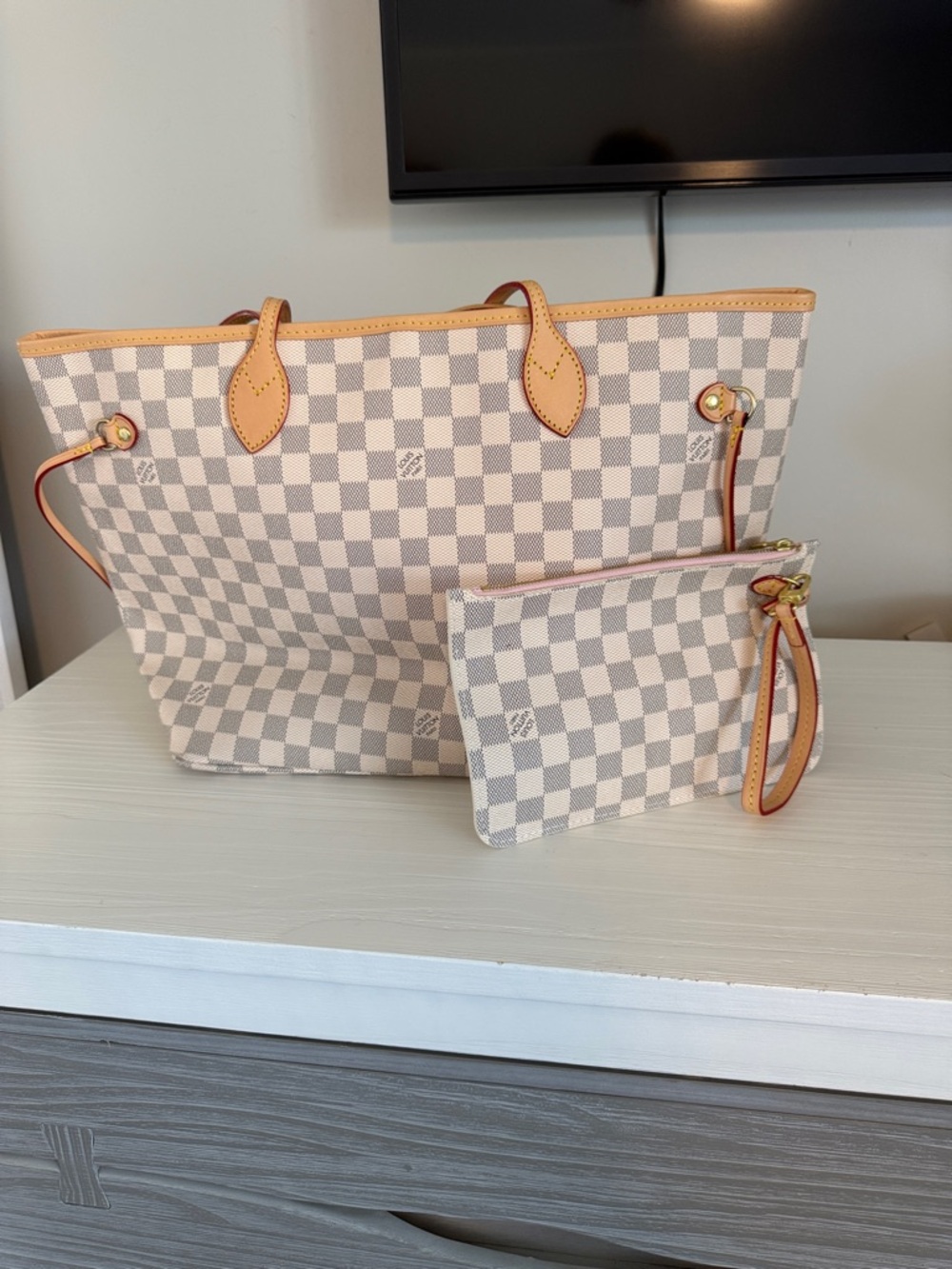 Designer-inspired Cream Checkered Tote with Matching Pouch size large